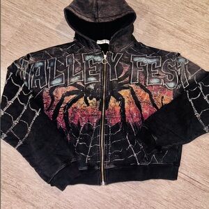 Black Graphic Zip Hoodie with Spider Web & Sunset Motif